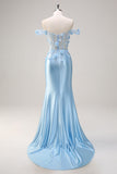 Sky Blue Off The Shoulder Mermaid Corset Floral Long Prom Dress with 3D Flowers