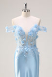 Sky Blue Mermaid Off The Shoulder Corset Floral Long Prom Dress with 3D Flowers