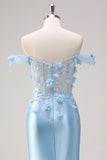 Sky Blue Mermaid Off The Shoulder Corset Floral Long Prom Dress with 3D Flowers