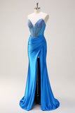 Blue Mermaid Strapless Beaded Corset Prom Dress with Slit