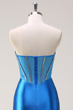 Blue Mermaid Strapless Beaded Corset Prom Dress with Slit