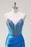 Blue Mermaid Strapless Beaded Corset Prom Dress with Slit