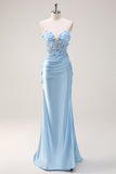 Sky Blue Mermaid Strapless Sequin Prom Dress With Appliques