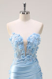 Sky Blue Mermaid Strapless Sequin Prom Dress With Appliques