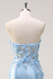 Sky Blue Mermaid Strapless Sequin Prom Dress With Appliques