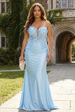 Sky Blue Mermaid Strapless Sequin Prom Dress With Appliques