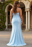 Sky Blue Mermaid Strapless Sequin Prom Dress With Appliques