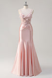 Sparkly Pink Mermaid Spaghetti Straps Corset Flowers Satin Long Prom Dress