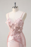 Sparkly Pink Mermaid Spaghetti Straps Corset Flowers Satin Long Prom Dress