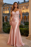 Sparkly Pink Mermaid Spaghetti Straps Corset Flowers Satin Long Prom Dress