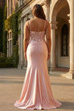 Sparkly Pink Mermaid Spaghetti Straps Corset Flowers Satin Long Prom Dress