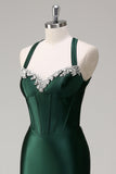 Sparkly Dark Green Mermaid Halter Corset Sequin Prom Dress