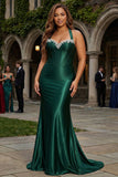 Dark Green Halter Mermaid Corset Satin Plus Size Prom Dress with Open Back