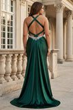Dark Green Halter Mermaid Corset Satin Plus Size Prom Dress with Open Back
