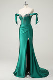 Dark Green Mermaid Off The Shoulder Sequin Prom Dress with Slit