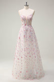 Stylish Pink A Line Spaghetti Straps Floral Beaded Prom Dress with Lace Up Back