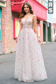 Stylish Pink A Line Spaghetti Straps Floral Beaded Prom Dress with Lace Up Back