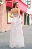 Stylish Pink A Line Spaghetti Straps Floral Beaded Prom Dress with Lace Up Back