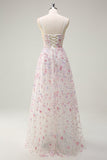 Stylish Pink A Line Spaghetti Straps Floral Beaded Prom Dress with Lace Up Back