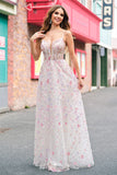 Stylish Pink A Line Spaghetti Straps Floral Beaded Prom Dress with Lace Up Back