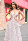 Stylish Pink A Line Spaghetti Straps Floral Beaded Prom Dress with Lace Up Back