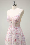 Pink A Line Spaghetti Straps Floral Beaded Prom Dress