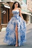 White Blue Flower A-Line Spaghetti Straps Ruched Corset Long Prom Dress With Slit