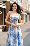 White Blue Flower A-Line Spaghetti Straps Ruched Corset Long Prom Dress With Slit