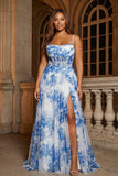 White Blue Flower Spaghetti Straps Ruched Corset Long Prom Dress With Slit
