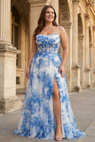 White Blue Flower A-Line Spaghetti Straps Ruched Corset Long Prom Dress With Slit