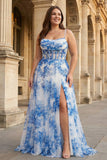 White Blue Flower Spaghetti Straps Corset Long Plus Size Prom Dress with Slit