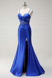 Royal Blue Mermaid Spaghetti Straps Satin Corset Long Prom Dress with Slit