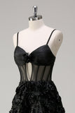 Elegant Black A Line 3D Floral Ball Gown with Sheer Corset