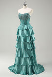 Tiered Ruffles Peacock Green Strapless Long Prom Dress with Beading