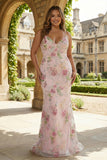 Pink Mermaid Sequins Floral Plus Size Long Prom Dress with Lace Up Back