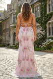 Pink Mermaid Sequins Floral Plus Size Long Prom Dress with Lace Up Back