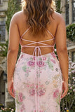 Pink Mermaid Sequins Floral Plus Size Long Prom Dress with Lace Up Back