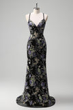 Pink Mermaid Sequins Floral Plus Size Long Prom Dress with Lace Up Back