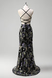 Pink Mermaid Sequins Floral Plus Size Long Prom Dress with Lace Up Back
