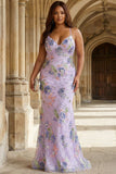 Pink Mermaid Sequins Floral Plus Size Long Prom Dress with Lace Up Back