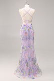 Sparkly Sequins Mermaid Spaghetti Straps Floral Pink Prom Dress with Appliques