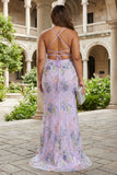Pink Mermaid Sequins Floral Plus Size Long Prom Dress with Lace Up Back