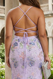 Pink Mermaid Sequins Floral Plus Size Long Prom Dress with Lace Up Back