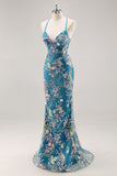Pink Mermaid Sequins Floral Plus Size Long Prom Dress with Lace Up Back