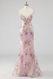 Pink Mermaid Sequins Floral Plus Size Long Prom Dress with Lace Up Back
