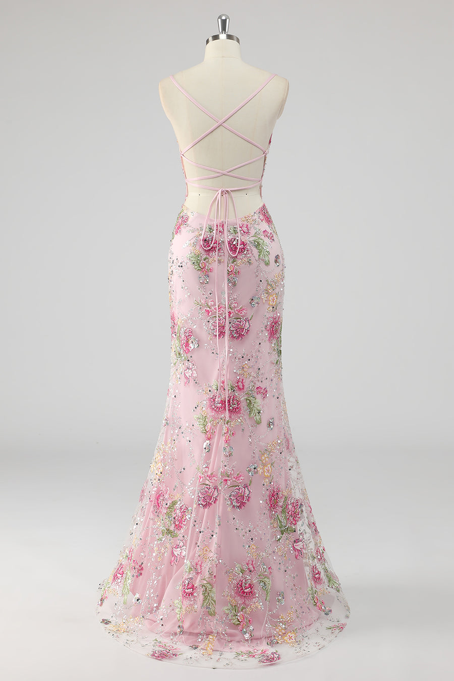 Sparkly Sequins Mermaid Spaghetti Straps Floral Pink Prom Dress with Appliques