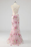 Pink Mermaid Sequins Floral Plus Size Long Prom Dress with Lace Up Back