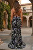 Sequins Mermaid Spaghetti Straps Black Prom Dress with Appliques