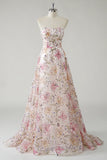 Sparkly Pink A-Line Strapless Sequin Floral Long Prom Dress