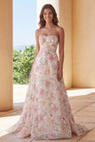 Sparkly Pink A-Line Strapless Sequin Floral Long Prom Dress